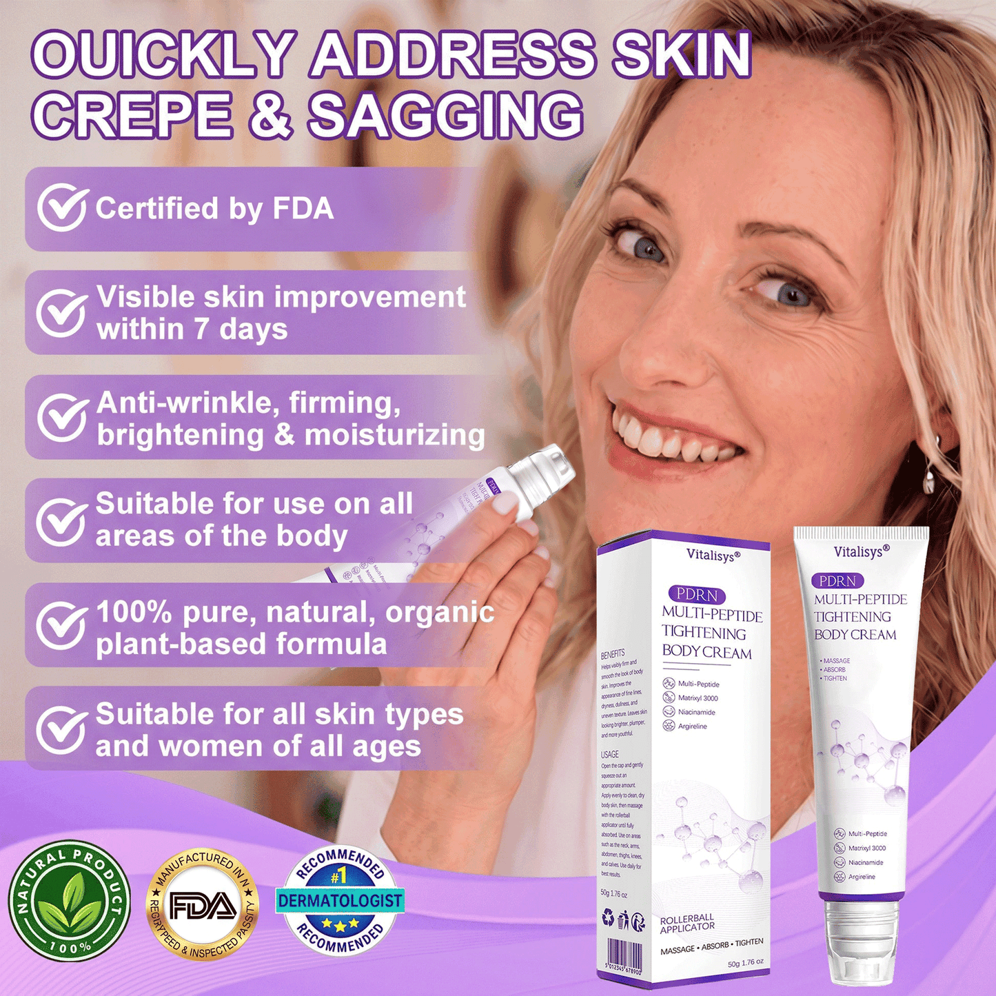 Vitalisys®💧PDRN Multi-Peptide Massaging Body Roller Cream- Anti-aging, Hydrating, Skin Firming & Lifting, Skin Repair, Even Tone, Acne and Dark Spot Treatment, Wart and Mole Removal, and Psoriasis Relief