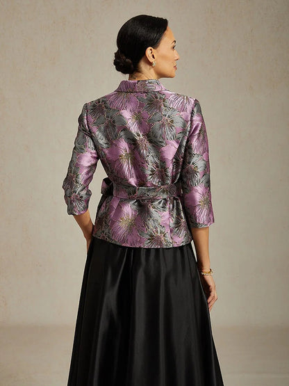 3/4 Sleeve Floral Jacquard Blouse with Tie Waist