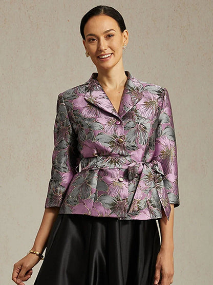 3/4 Sleeve Floral Jacquard Blouse with Tie Waist
